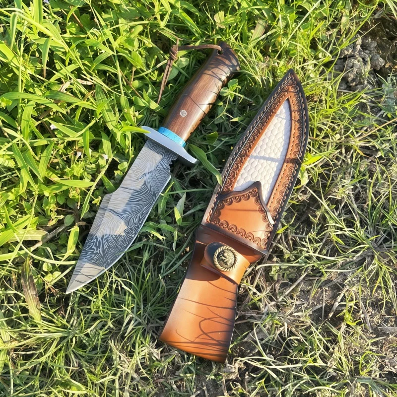 Outdoor portable feather-patterned knife, handle meat knife, camping hiking self-defense sharp knife