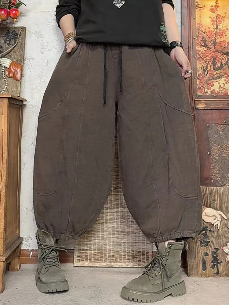 Amax LuluE 2025 韓国デザイン レディース 秋 ヴィンテージ ルーズパンツ レディースファッション クラシック 無地 ウエストゴム 大きいサイズ ハレムパンツ