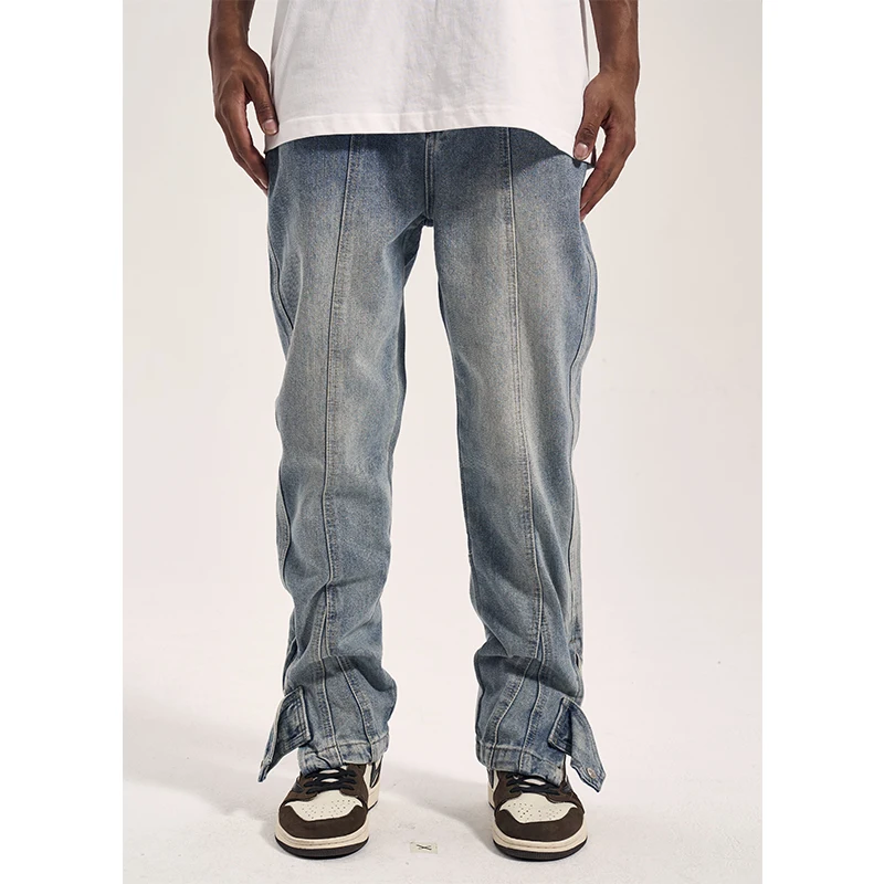 High Street Made Old three-dimensional Cut Pants Side Open Zipper Button Retro Baggy Daddy Pants Jeans Man