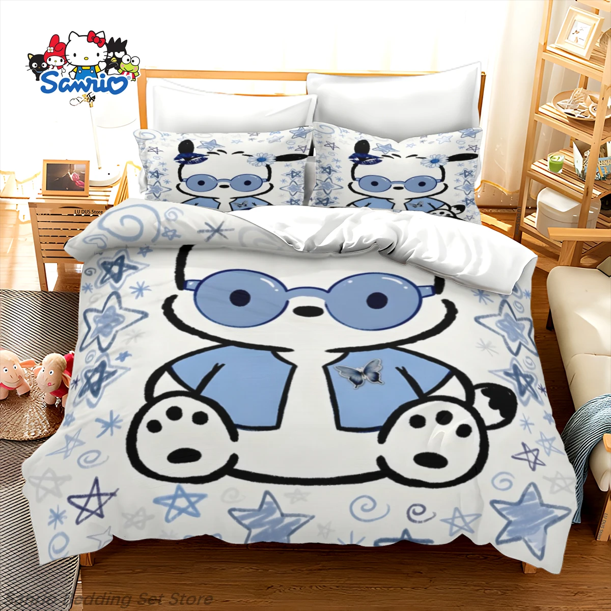 

Sanrio Pochacco Bedding Set Kawaii Pochacco Duvet Cover and Pillow Shams Anime Quilt Cover for Home Decor