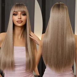 HENRY MARGU Light Brown Synthetic Hair Wig Long Straight Wigs with Bang Natural Looking Wig for White Women Daily Heat Resistant