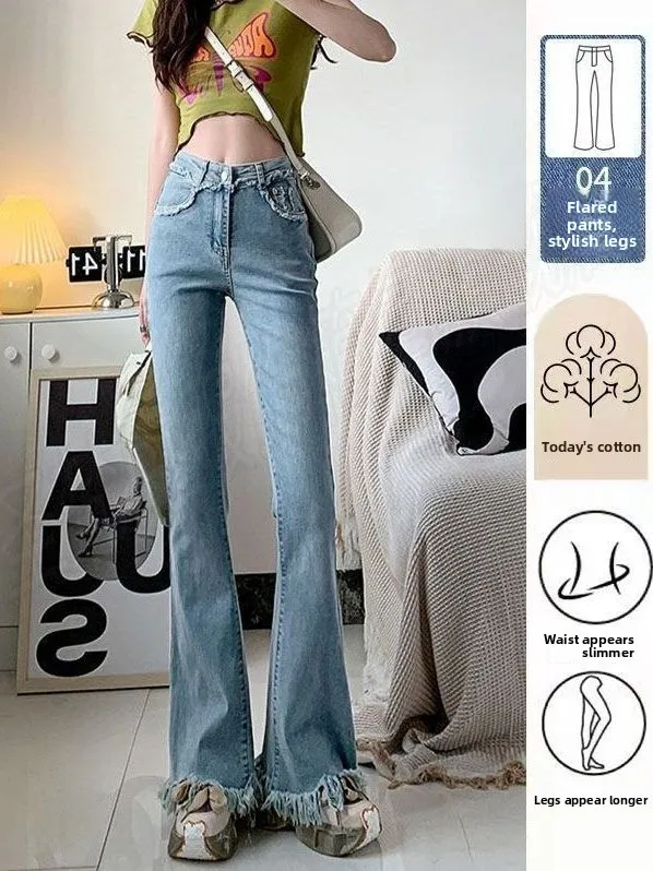 

Fashion High Waist Bell Bottom Jeans Women's Spring Autumn New Style Slimming Fringed Casual Straight Leg Denim Pants