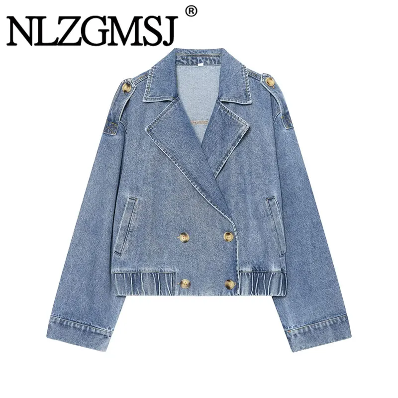 Nlzgmsj 2026  Autumn Women Denim Jacket Lapel Double Breasted Epaulet Shoulder Strap Elastic Hem Pocket Outer Coat