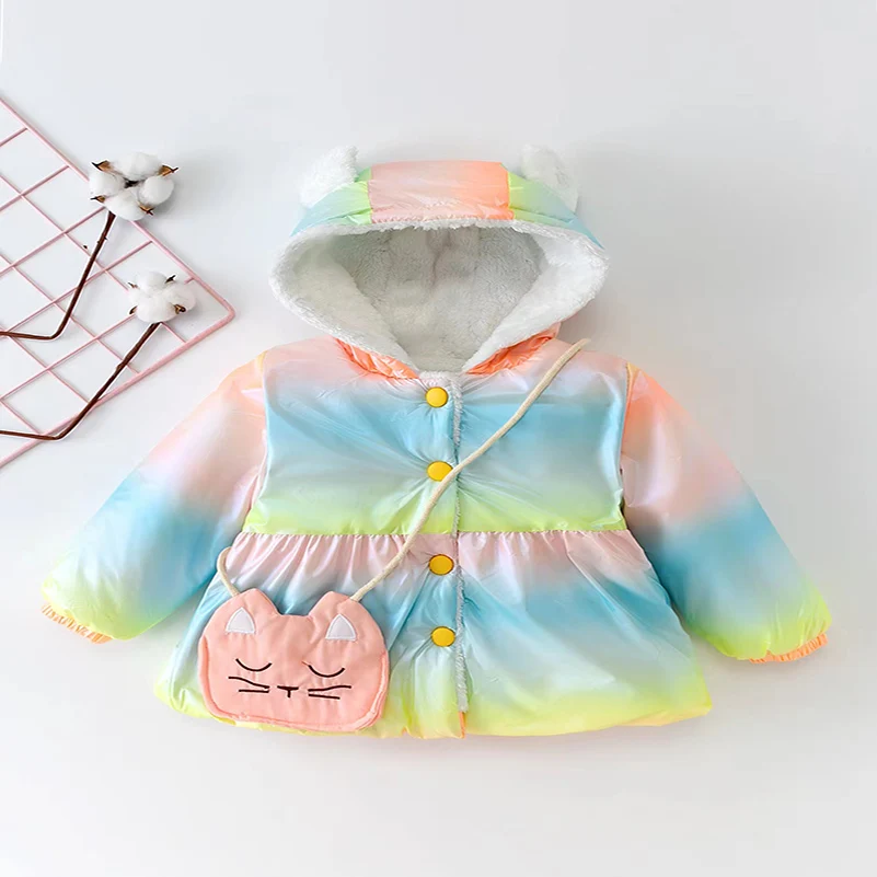 Autumn and Winter 2024 Girls Fashion Trend Colorful Cat Bag Casual Thickened Cotton Coat 2-6 Years Old