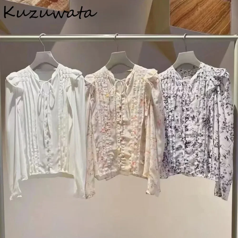 Kuzuwata Autumn New Stand Collar Puff Sleeve Print Shirt Women Lace Up Fresh All-match Blusas Japan Moda Ruffles Ruched Crop Top