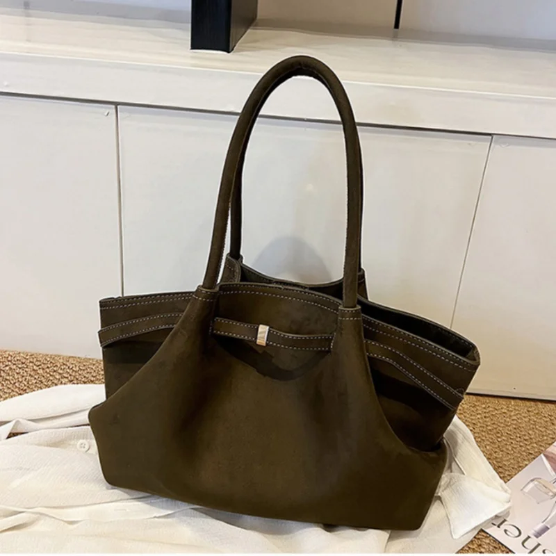 Faux Suede Soft Shoulder Tote Bag Women Solid Color Minimalist Metal Buckle Large Capacity Office Work Daily Shopping Top Handba
