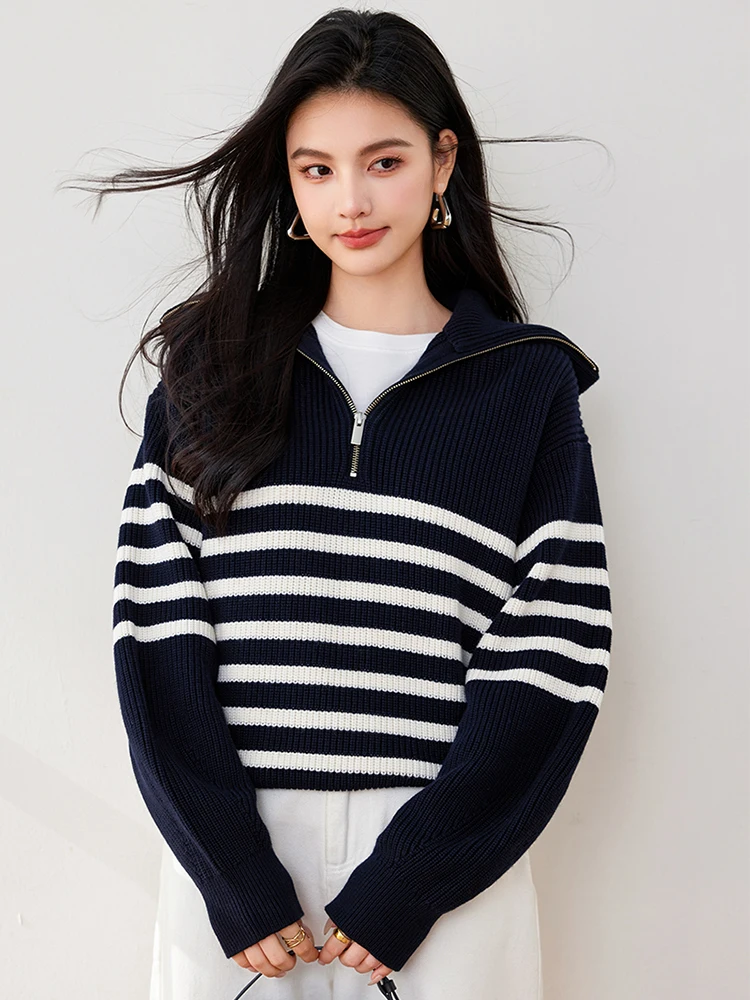 Vintage Stripe Sweater Women Autumn Winter New Lazy Style Half Zipper Knitted Sweaters Ladies Casual Versatile Tops