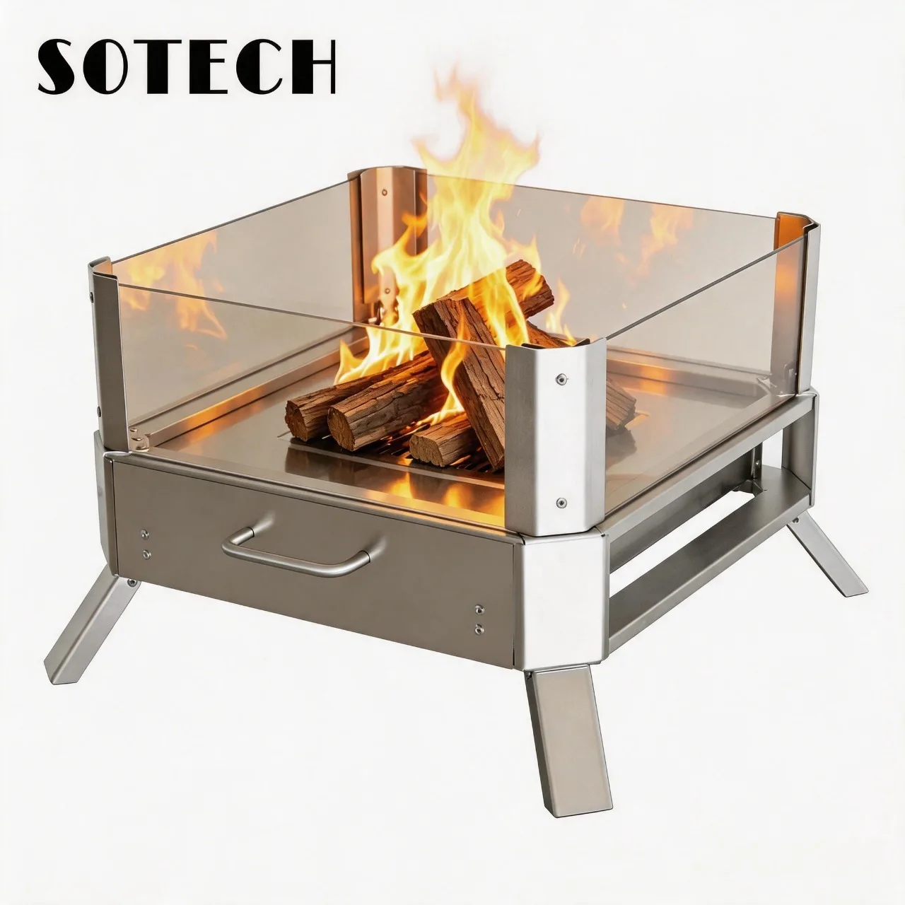 Portable Stainless Steel Fire Pit with Glass Wind Guard Outdoor Camping Fire Pit Foldable Bonfire Stove
