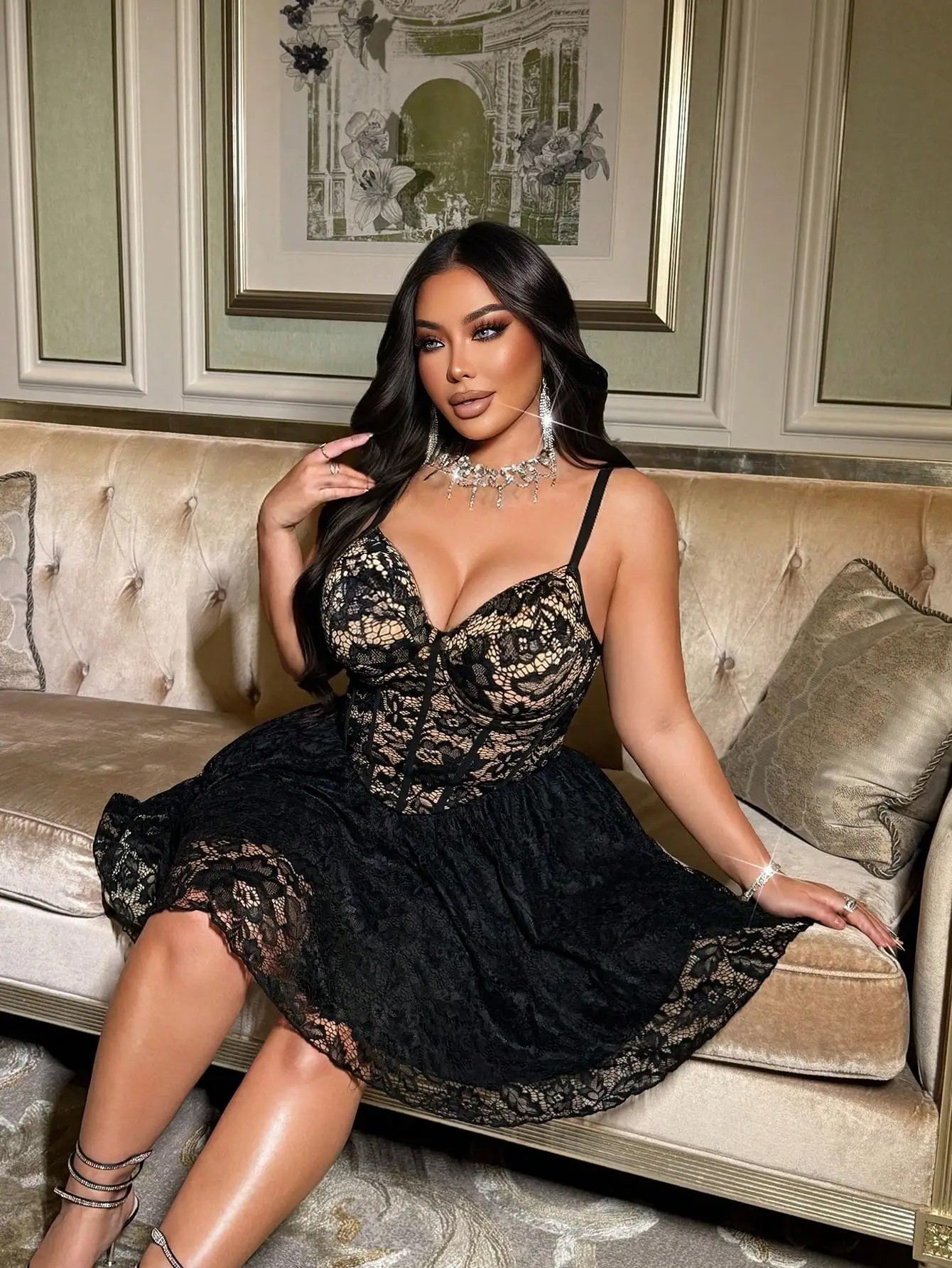 

Черное кружевное мини-платье-корсет для женщин, без рукавов, с расклешенной юбкой, для вечеринок