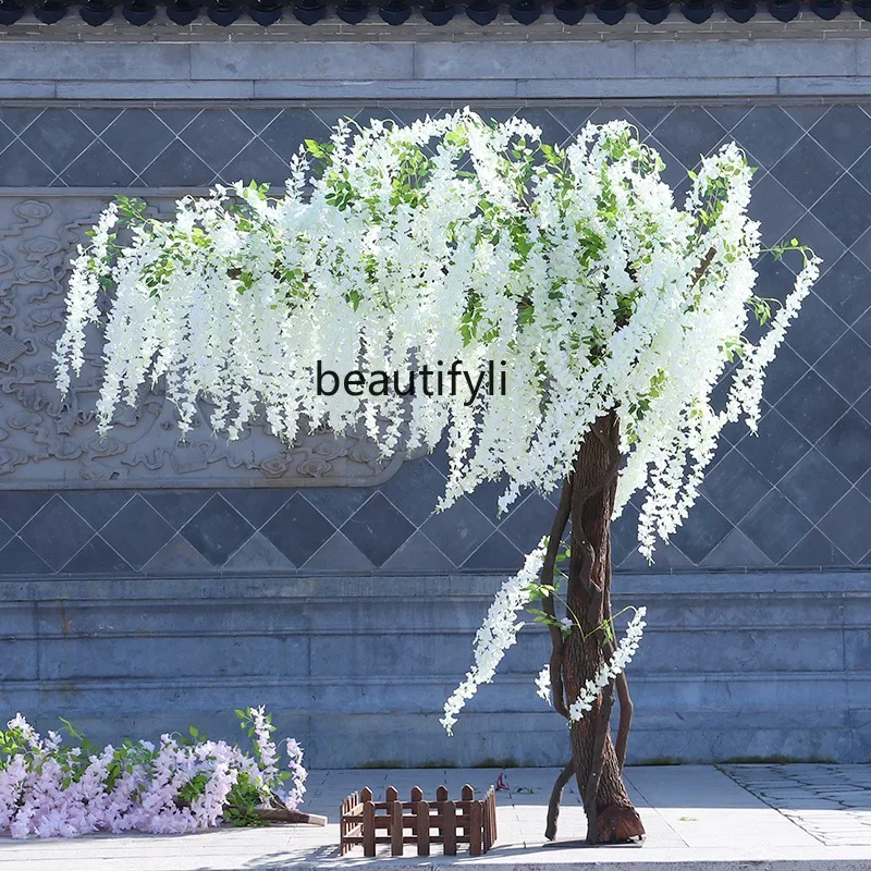 Simulated wisteria tree fake tree fake flower wishing tree living room decoration green green plant silk flower solid wood