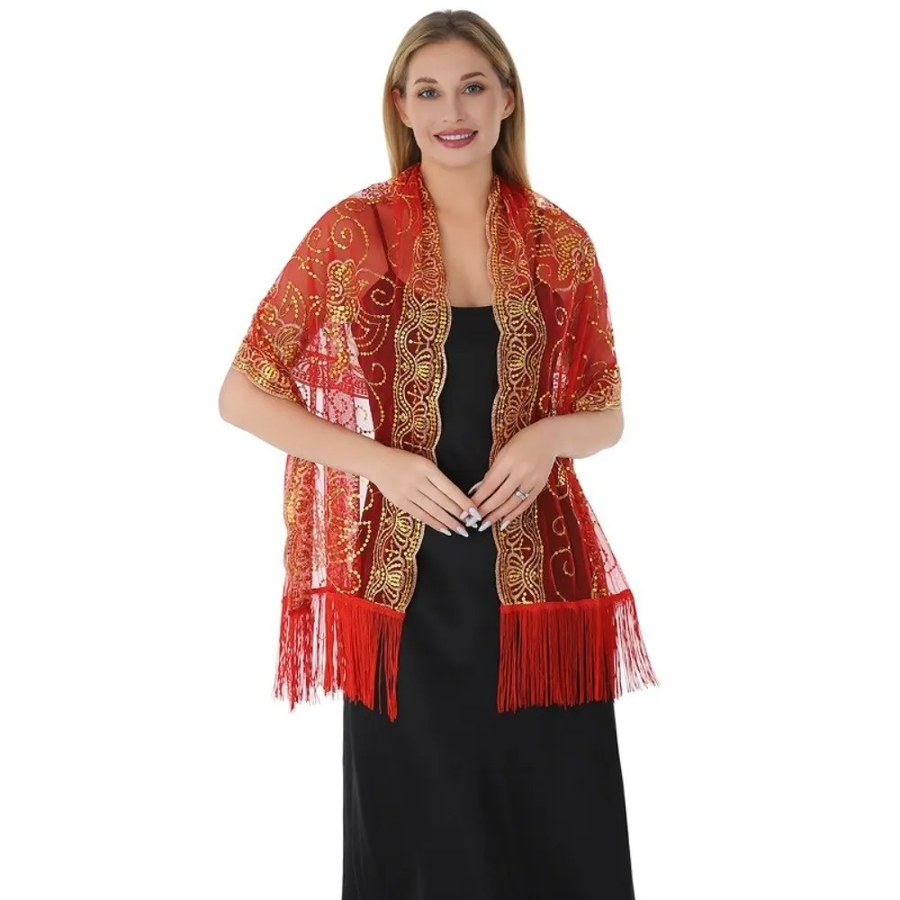 

Fashion Sequins Evening Dress Shawl Pure Color Mesh Lady Party Shawl Wraps with Tassel Wedding Capes for Women