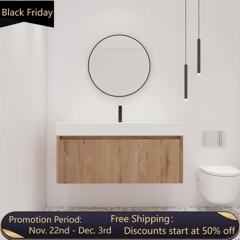 48 Inch Floating Bathroom Vanity with Sink, 48'' Single Sink Wall Mounted Bathroom Vanity, with 2 Doors and White Resin Basin