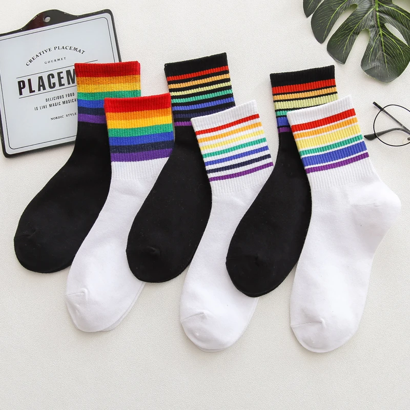 

Instime Unisex Stripes Mid Men Socks Harajuku Colorful Funny Socks Men 100 Cotton 1 Pair Kawaii Rainbow Color Size 35-42