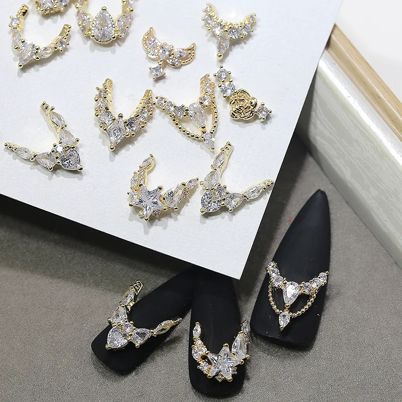 3PCS Luxury Sparkle Full Zircon French Crescent V Edge Gold Pendant Nail Art Rhinestones Jewel Decorations Manicure Top Charms