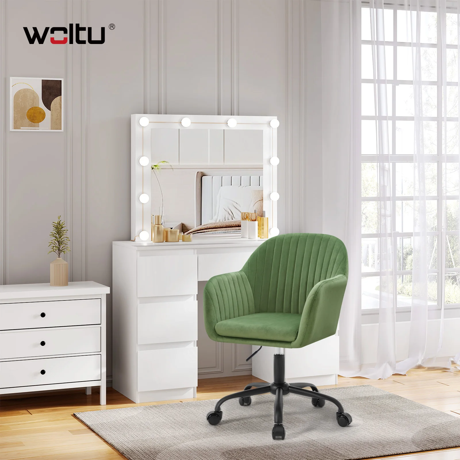 WOLTU Samt-Bürostuhl mit Armlehnen, Rollen, anhebbar, Gaming-Stühle mit hoher Rückenlehne, höhenverstellbar, ergonomischer Arbeits- und Make-up-Stuhl – Detail 34