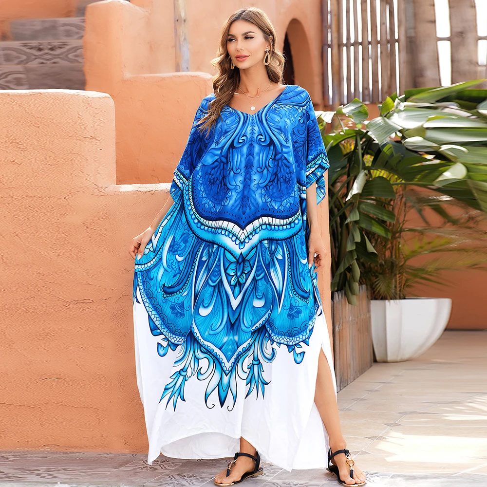 

Plus Size Boho Cover Up Dress, Women's Plus Colorblock Stripe Print Bat Sleeve V Neck Split Hem Slight Stretch Maxi Cover Up Dre