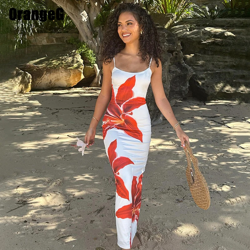 Orange große Blume Spaghetti träger Bleistift langes Kleid Frauen Bodycon sexy Clubwear Beach wear Urlaub ärmellosen Sommer