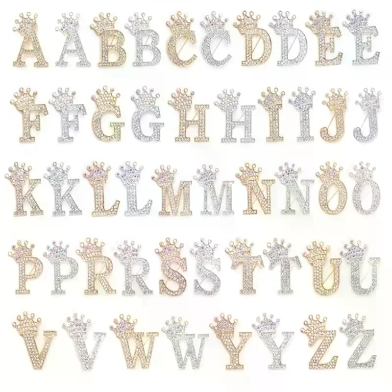 Fashion Crown 26 Initial Letters A To Z Rhinestone Brooches For Women Coat Dress Lapel Collar Pin Jewelry Accessries