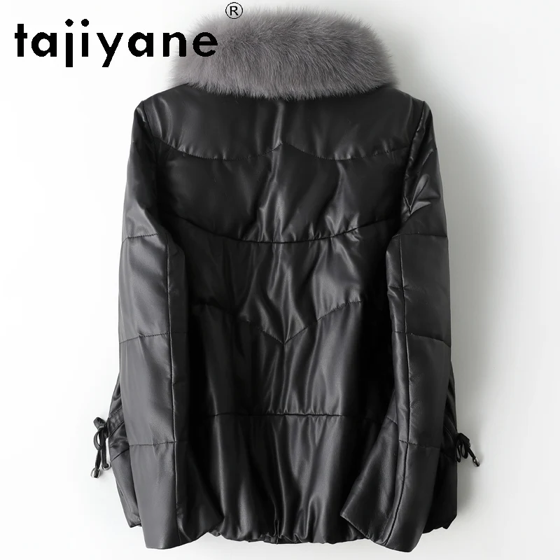 TAJIYANE 100% Skóra Owcza Najwyższej Jakości Kurtka Puchowa Damska Krótka Skórzana Kurtka z Kołnierzem z Futra Lisa Odzież Zimowa 2025