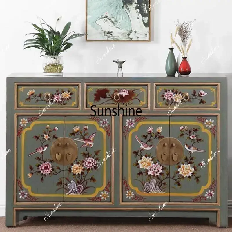 New Chinese-style painted furniture Solid wood antique hand-painted old entrance foyer cabinet