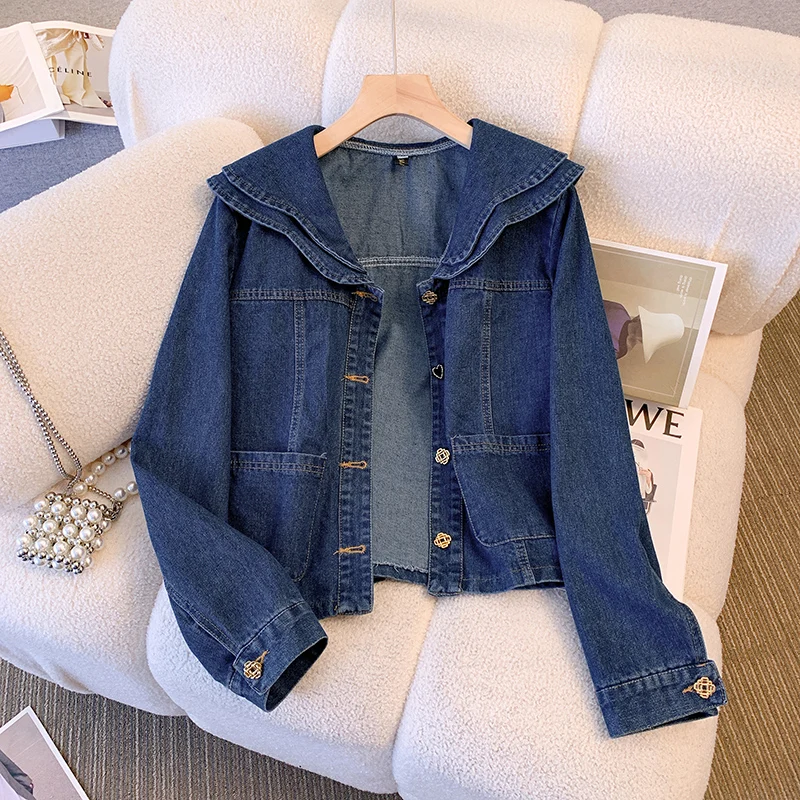 

Women's Denim Jacket Spring Autumn Vintage Peter Pan Collar Cardigan Coats 2023 New Loose Versatile Short Overcoat Tops