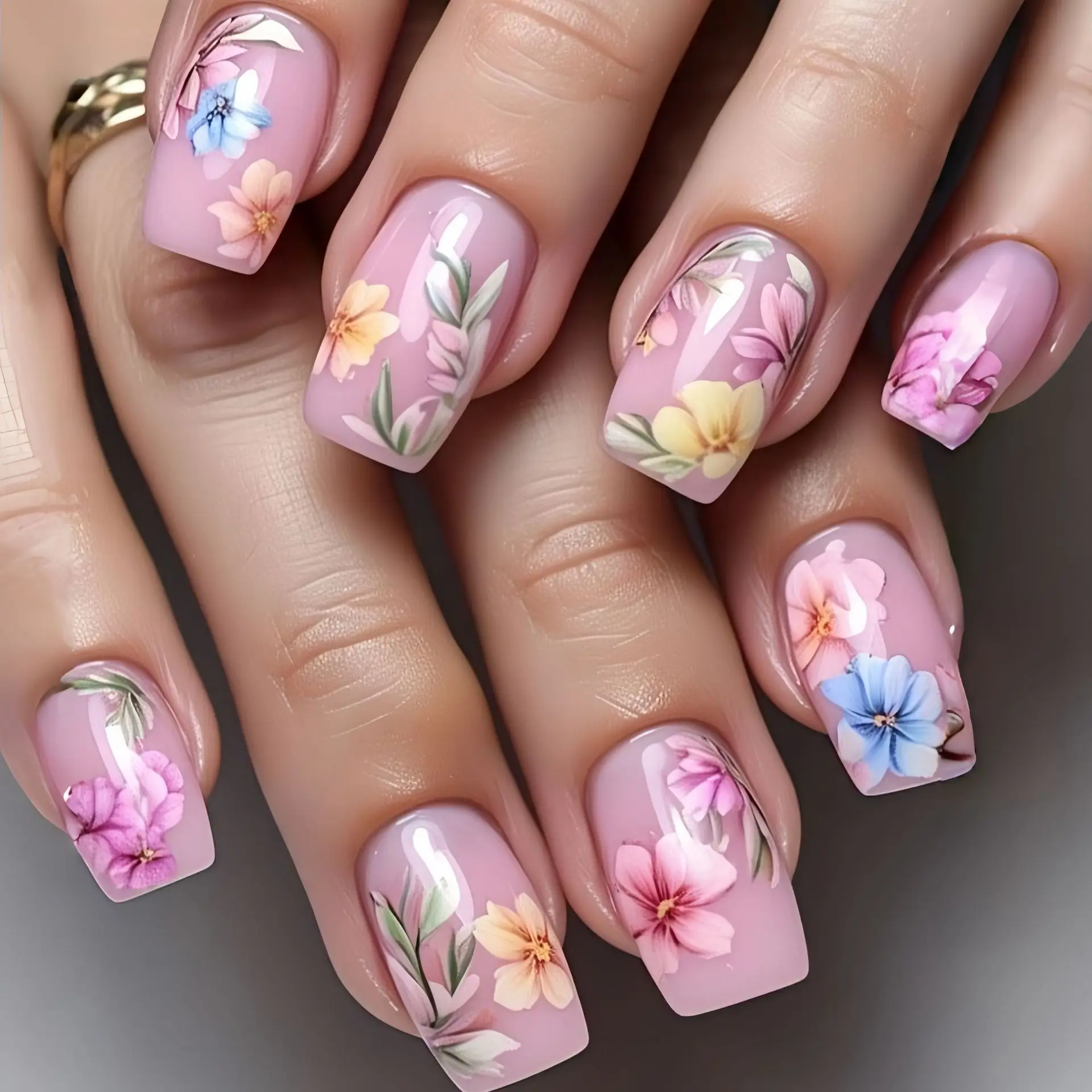 Medium Fake Nails for Women Girls Pink Flowers Butterfly Design for Spring Summer Season Square Nail Tips Press On False Nails
