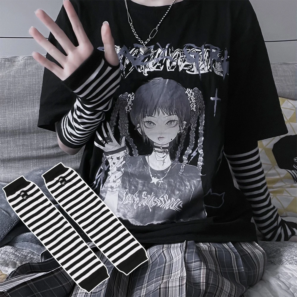 النساء y2k شتاء دافئ طويل الأكمام أصابع قفازات شريط الهيب هوب محبوك الكوع القفازات مرونة في الهواء الطلق دفئا لوليتا تأثيري