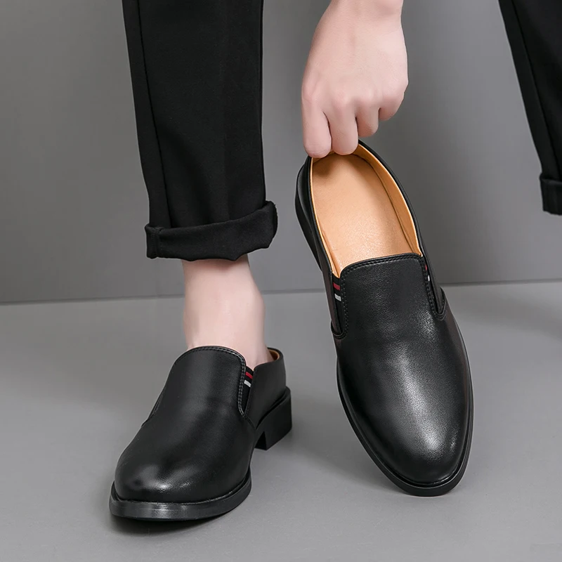 2024Summer men's casual Italian fashion breathable leather half drag shoes, loafers, mocasin shoes, walking and driving shoes