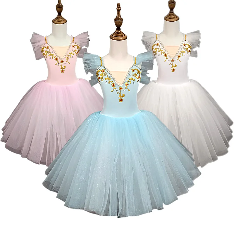 

Children white Professional Balllet Tutus Pink Long Ballet Dress For Kids Girl Party Dance Wear stage Performance dress Costume