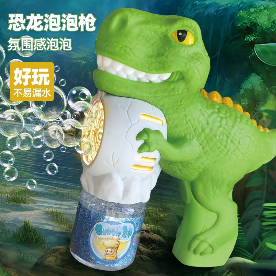 Gatillo de burbujas de dinosaurio, juguete al aire libre para niños con luces eléctricas y coloridas, máquina sopladora de burbujas con un solo clic