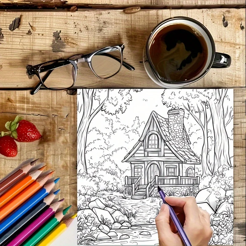 Kolorowanka dla dorosłych z motywem leśnego domku, 28 stron, redukująca stres. |   Książka do kolorowania dla relaksu i redukcji stresu na Walentynki