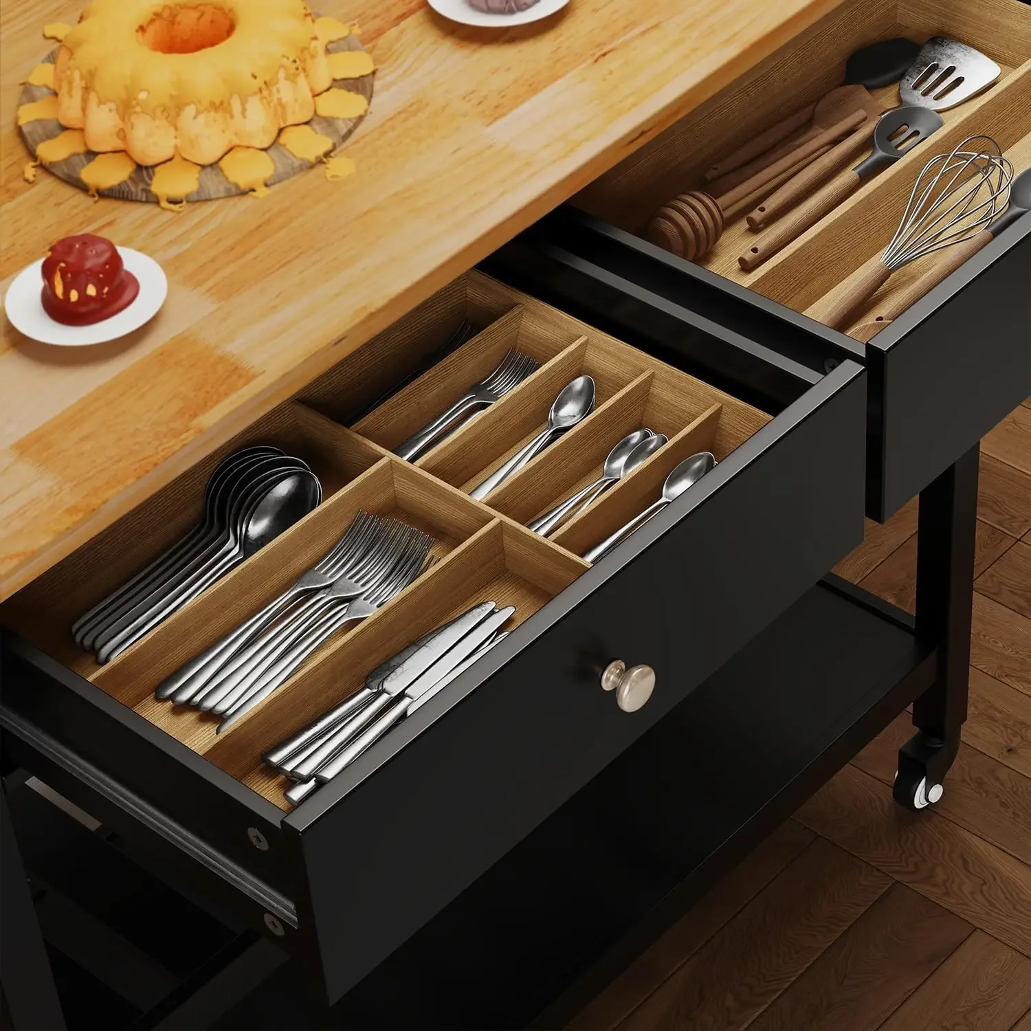 Carrinho utilitário rolante para Kitchen Island, Carrinho utilitário rolante, 2 camadas abertas, 40 em mesa de madeira