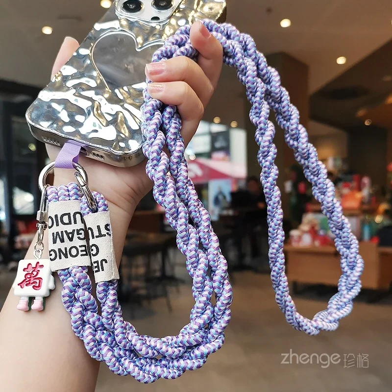 Colorful Woven Three Strand Ponytail Mobile Phone Lanyard with Cute Mahjong Pendant Decoration Crossbody Strap Universal Phone