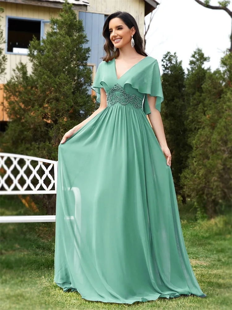 XUIBOL Elegant Chiffon Short sleeve Formal Evening Dresses Long 2024 Luxury Women Bridesmaid Party Dress Cocktail Prom Gowns