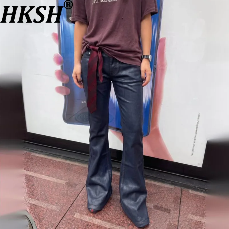 HKSH Spring Autumn New Men Tide Chic Ins Dark Punk Fashion Jeans American Wax-coated Bootcut Stretch Denim Pant Slim Fit HK28265