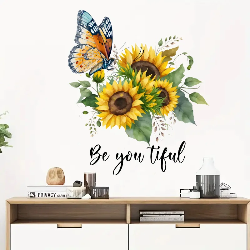 

Sunflower Butterfly Wall Stickers Decoration for Bedroom Living Room Self Adhesive Wall Decals Girls Room Aesthetic PVC Mural