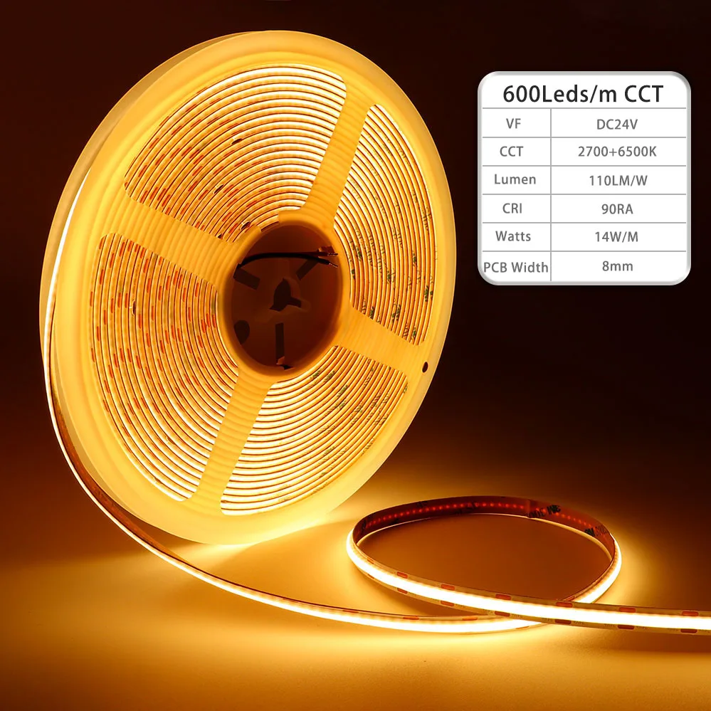 

TUYA 24V LED Power FOB COB 600Leds/m CCT 2700K to 6500K Flexible LED Strip Light High Density 90RA 8mm Dimmable FOB Led Tape