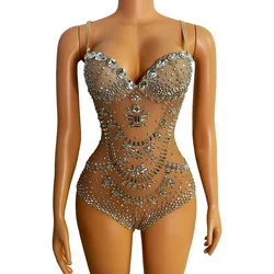 Celebrate Female Singer Dj Rhinestones Bodysuit Dance Costume Stage Wear Sparkly Silver Crystals Leotard Sexy Mesh Club Outfit