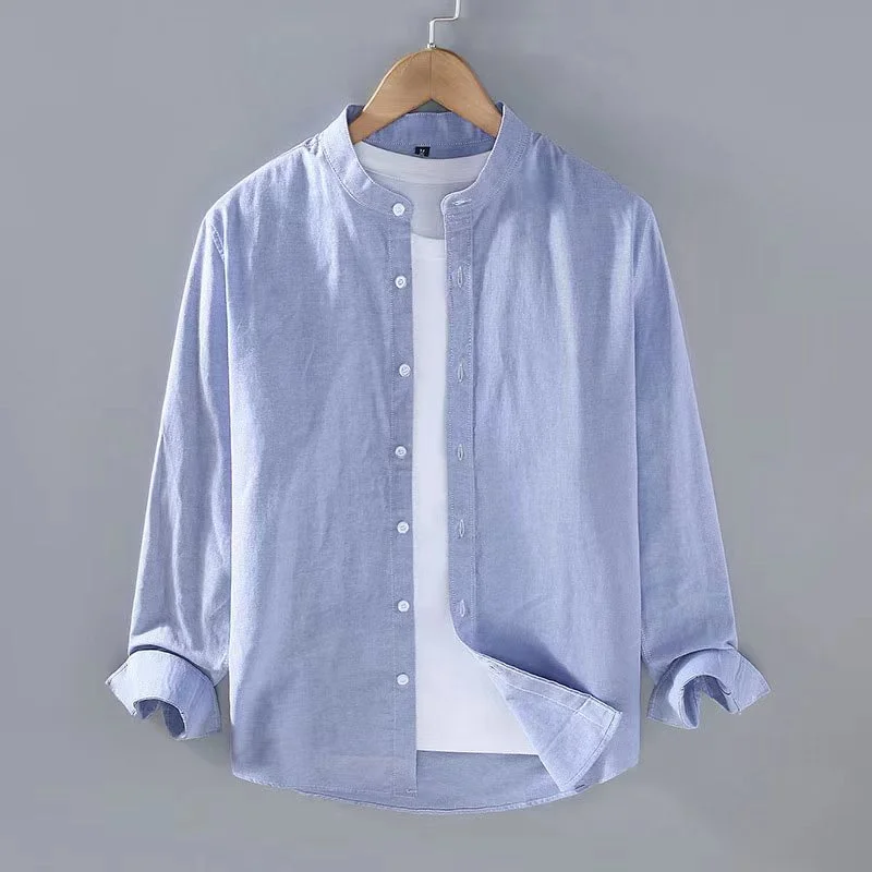 2023 gray linen long sleeve shirt stand collar long sleeve Henry shirt soft and comfortable men\'s shirt solid color S-3XL summer