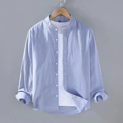 Henry-Camisa de manga larga para hombre, camisa de lino azul, cuello levantado, suave y cómoda, color sólido, S-3XL