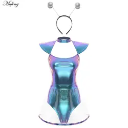 Women Astronaut Bodysuit Space Alien Cosplay Costumes Fly Sleeve Briefs Bottom with Skirt Hair Hoop Warrior Party Performance