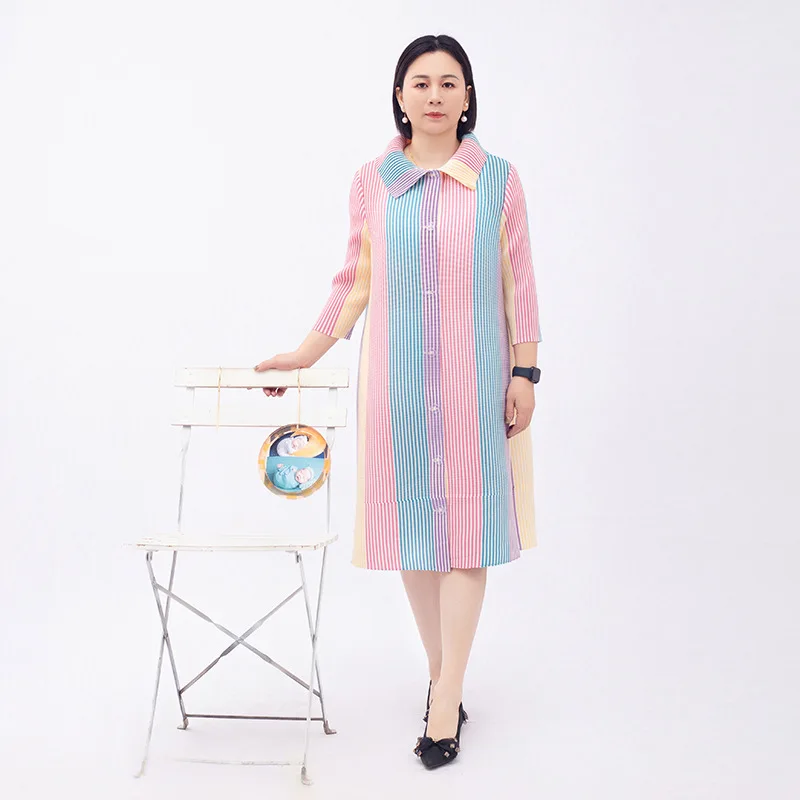 Printed color blocked lapel long sleeved temperament plus size women's cardigan skirt