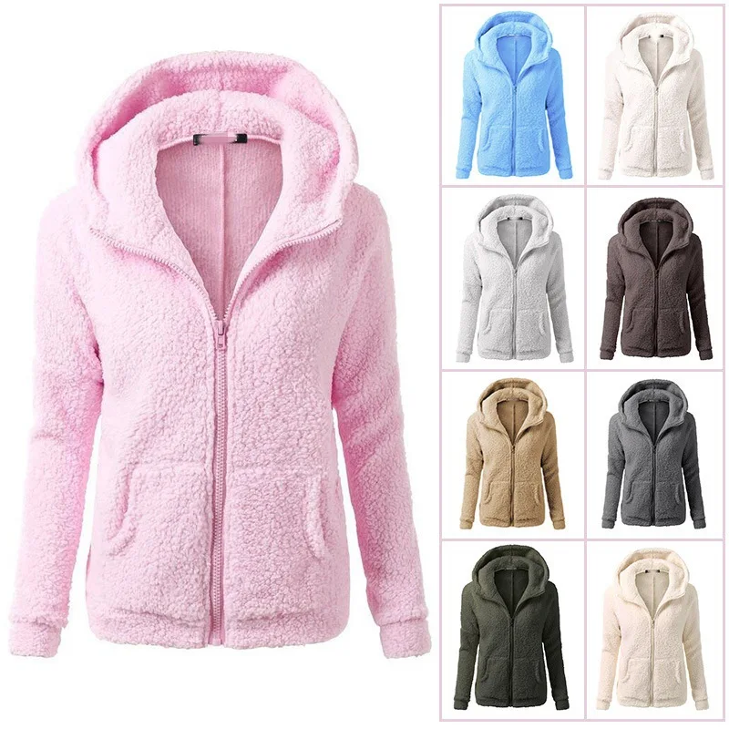 

Autumn Winter New Versatile Solid Color Jacket Women Zipper Hooded Pocket Plush Top Fashion Casual Female Coat