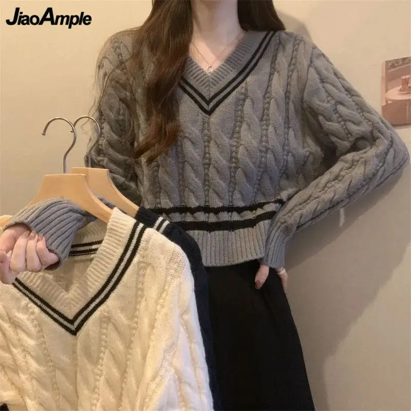 

Korean Preppy Style Short V-Neck Sweater Pullover 2023 Autumn Winter Lady Fashion Patchwork Knit Tops New Casaul Kintwear Female