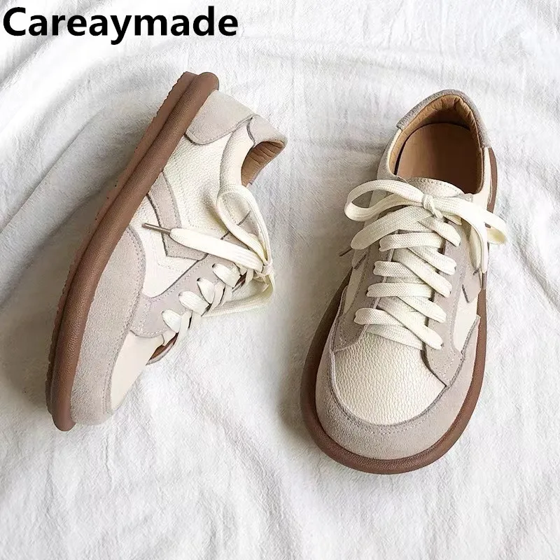 Careaymade-Genuine leather Women\'s German Training Shoes Female Casual Soft Sole Lace up Round Head Fltas Small White Shoes