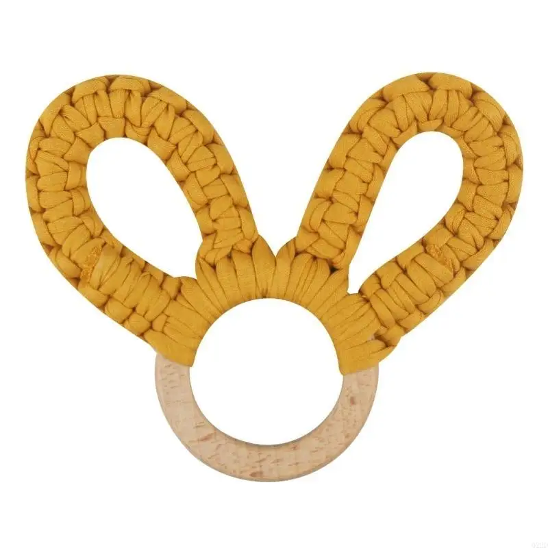

Q22D Infant Rattle Wooden Rings Handwoven Bunny Ear Teether Rings Chewing Toy Baby Educational Crochet Cotton Rattle Baby Toy