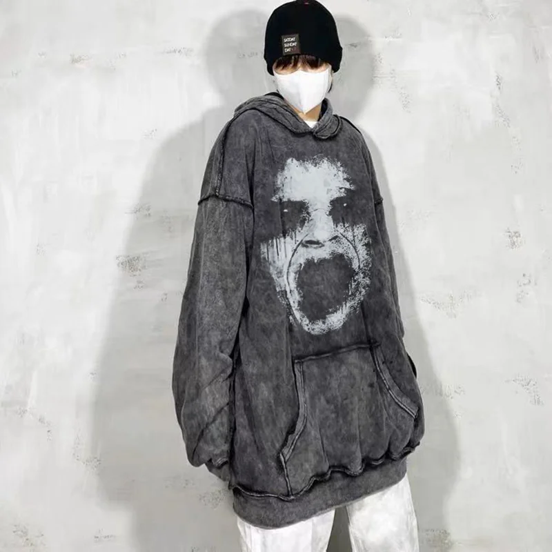 Hazy Grimace Print Women Long Sleeve Hooded Pullovers Fall Winter Hip Hop Funny Horrible Dark Highstreet Loose Sweatshirt Unisex