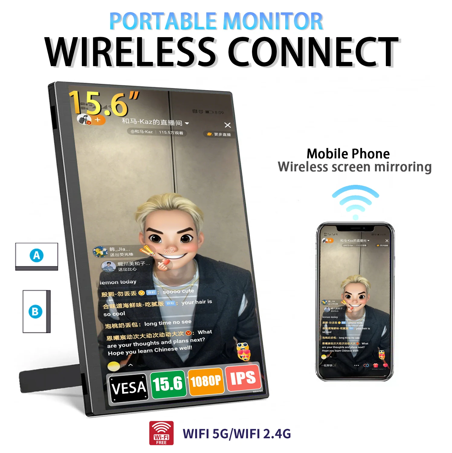 

15.6” Wireless Portable Monitor 1080P 16:9 IPS Panel Secondary Display Computer Type-C HDMI For/Xbox/Switch/Laptop/PS4/5/PC /MAC