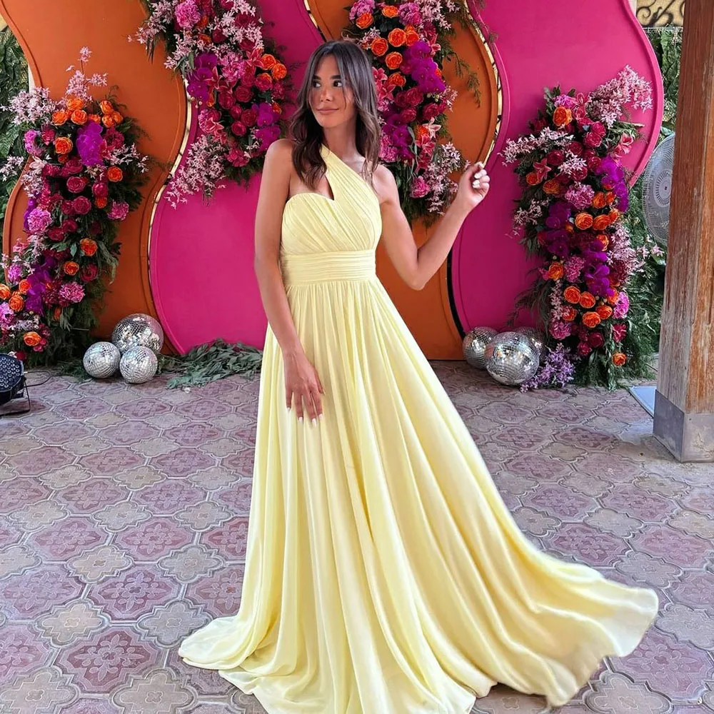 Msikoods Yellow One Shoulder Prom Dress Pleats Bridesmaid Dress Elegant Women Wedding Guest Party Dress Special Occasion Gown