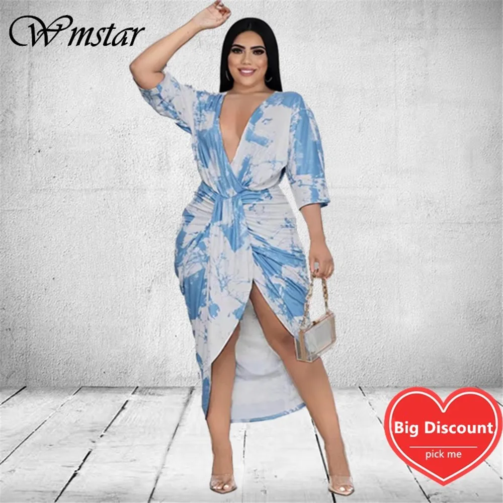 Wmstar Plus Size Jurken Voor Vrouwen 4xl 5xl Tie Dye V-hals Gedrapeerde Slip Zoom Sexy Maxi Jurk Kantoor Dame groothandel Dropshipping